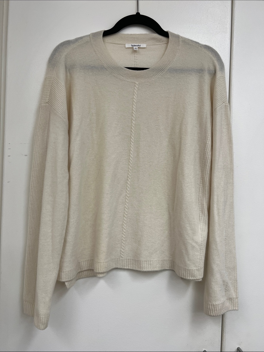 Splendid 100% Cashmere Cream Neutral Crewneck Sweater Sheer Knit Ribbed Striping